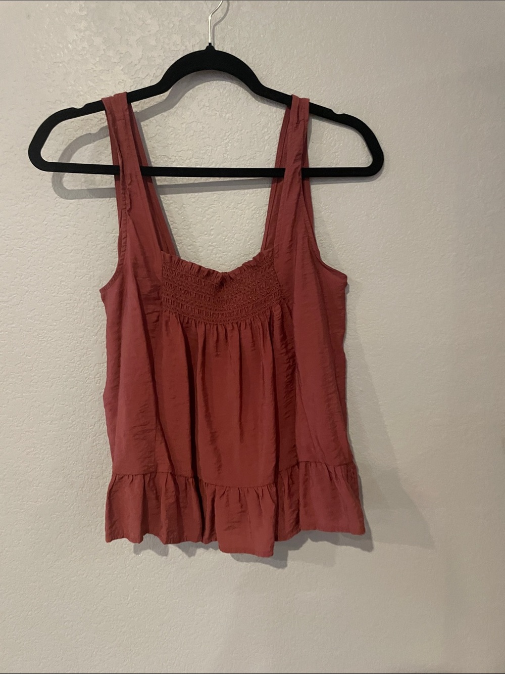 Maeve Rust Red Smocked Yoke Ruffle Hem Tank